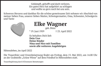 Traueranzeige von Elke Wagner (geb. Peter)  von Magdeburger Volksstimme