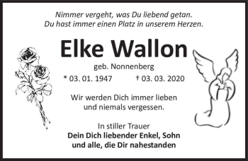 Traueranzeige von Elke Wallon (geb. Nonnenberg)  von Magdeburger Volksstimme