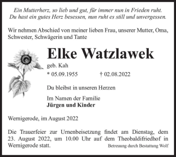 Traueranzeige von Elke Watzlawek (geb. Kah)  von Magdeburger Volksstimme