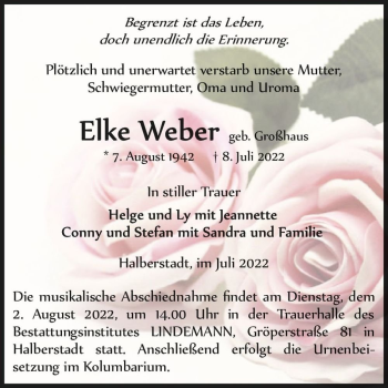 Traueranzeige von Elke Weber (geb. Großhaus)  von Magdeburger Volksstimme
