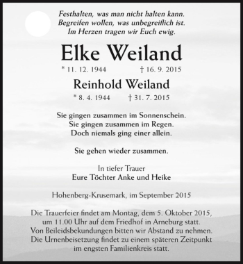 Traueranzeige von Elke Weiland  von Magdeburger Volksstimme