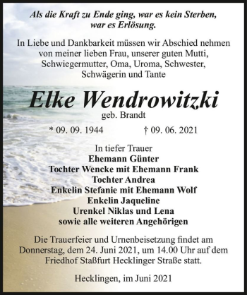 Traueranzeige von Elke Wendrowitzki (geb. Brandt)  von Magdeburger Volksstimme