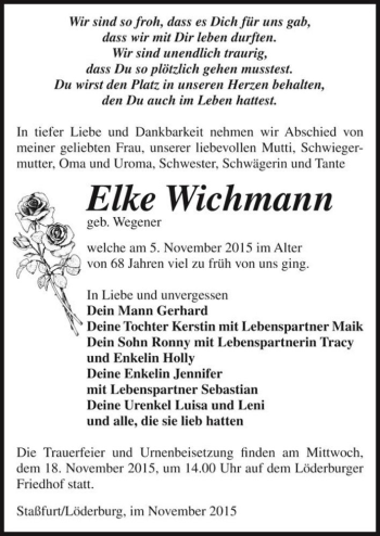 Traueranzeige von Elke Wichmann (geb. Wegener)  von Magdeburger Volksstimme