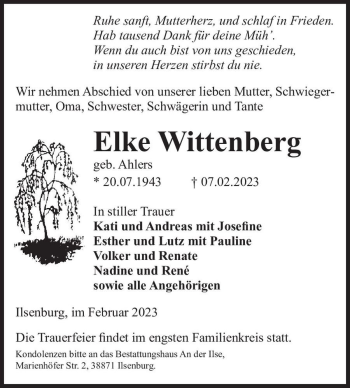 Traueranzeige von Elke Wittenberg (geb. Ahlers)  von Magdeburger Volksstimme