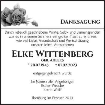 Traueranzeige von Elke Wittenberg (geb. Ahlers)  von Magdeburger Volksstimme