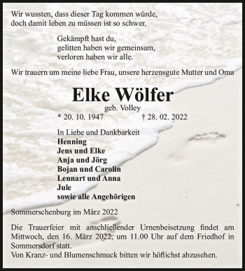 Traueranzeige von Elke Wölfer (geb. Volley)  von Magdeburger Volksstimme