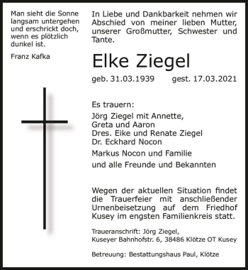 Traueranzeige von Elke Ziegel  von Magdeburger Volksstimme