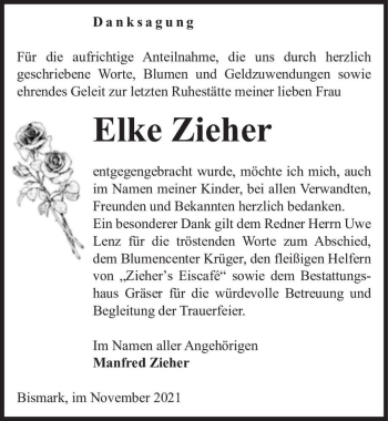 Traueranzeige von Elke Zieher  von Magdeburger Volksstimme