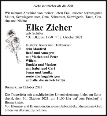 Traueranzeige von Elke Zieher (geb. Schäfer)  von Magdeburger Volksstimme