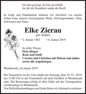Traueranzeige von Elke Zierau (geb. Kläden)  von Magdeburger Volksstimme