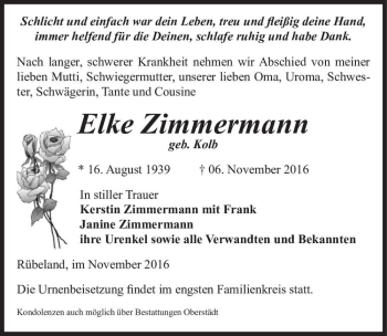 Traueranzeige von Elke Zimmermann (geb. Kolb)  von Magdeburger Volksstimme