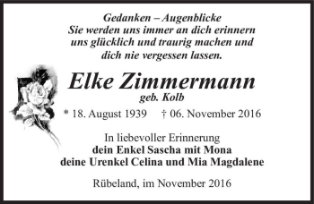 Traueranzeige von Elke Zimmermann (geb. Kolb)  von Magdeburger Volksstimme