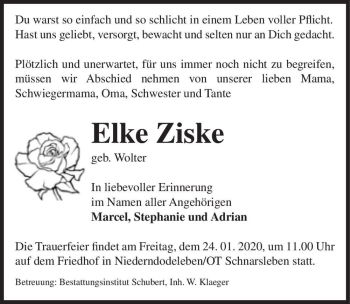 Traueranzeige von Elke Ziske (geb. Wolter)  von Magdeburger Volksstimme