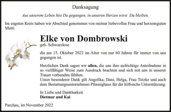 Traueranzeige von Elke von Dombrowski (geb. Schwarzlose)  von Magdeburger Volksstimme