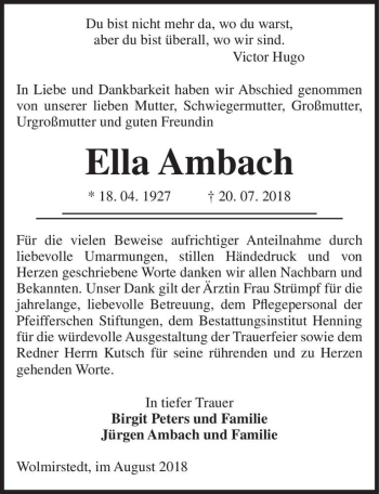 Traueranzeige von Ella Ambach  von Magdeburger Volksstimme