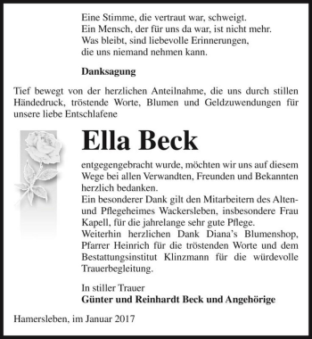 Traueranzeige von Ella Beck  von Magdeburger Volksstimme