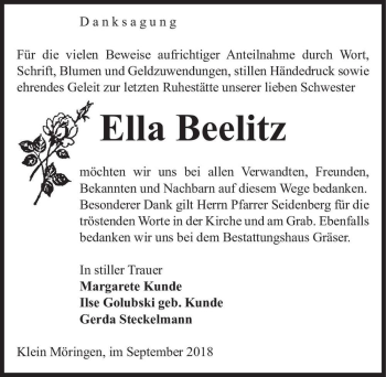 Traueranzeige von Ella Beelitz  von Magdeburger Volksstimme
