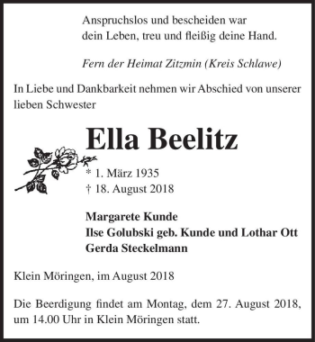 Traueranzeige von Ella Beelitz  von Magdeburger Volksstimme