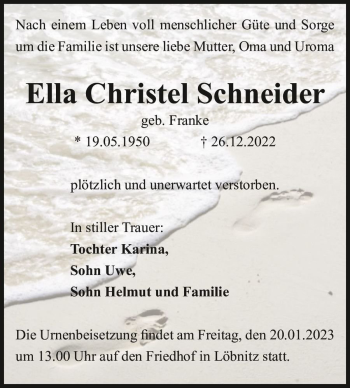 Traueranzeige von Ella Christel Schneider (geb. Franke)  von Magdeburger Volksstimme