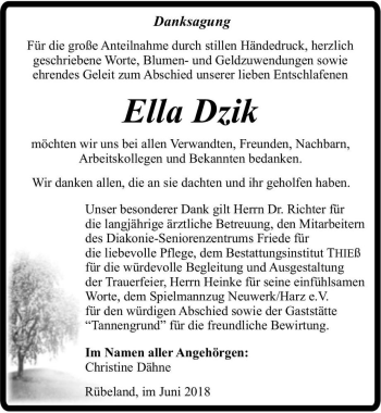 Traueranzeige von Ella Dzik  von Magdeburger Volksstimme
