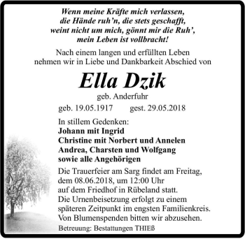 Traueranzeige von Ella Dzik (geb. Anderfuhr)  von Magdeburger Volksstimme