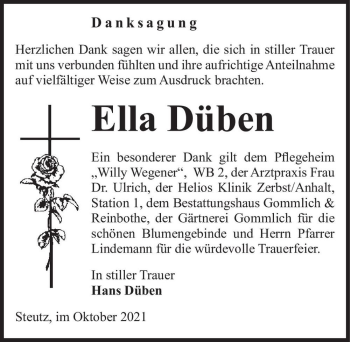 Traueranzeige von Ella Düben  von Magdeburger Volksstimme