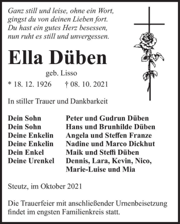 Traueranzeige von Ella Düben (geb. Lisso)  von Magdeburger Volksstimme