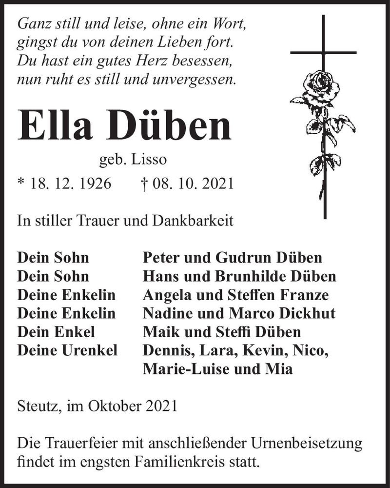  Traueranzeige für Ella Düben (geb. Lisso)  vom 16.10.2021 aus Magdeburger Volksstimme
