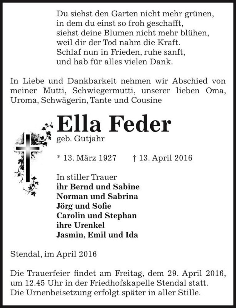  Traueranzeige für Ella Feder (geb. Gutjahr)  vom 22.04.2016 aus Magdeburger Volksstimme