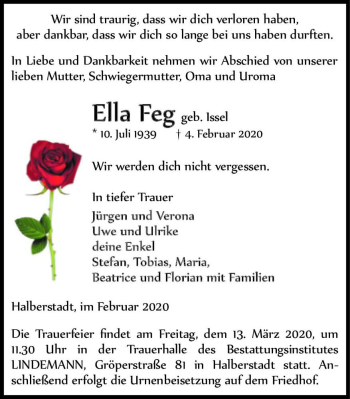 Traueranzeige von Ella Feg (geb. Issel)  von Magdeburger Volksstimme