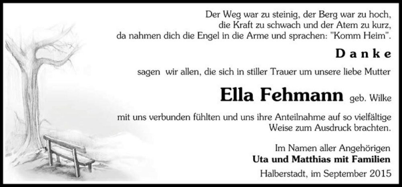 Traueranzeige für Ella Fehmann (geb. Willke)  vom 26.09.2015 aus Magdeburger Volksstimme