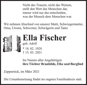 Traueranzeige von Ella Fischer (geb. Adolf)  von Magdeburger Volksstimme