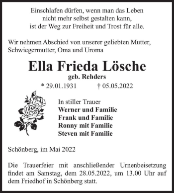 Traueranzeige von Ella Frieda Lösche (geb. Rehders)  von Magdeburger Volksstimme