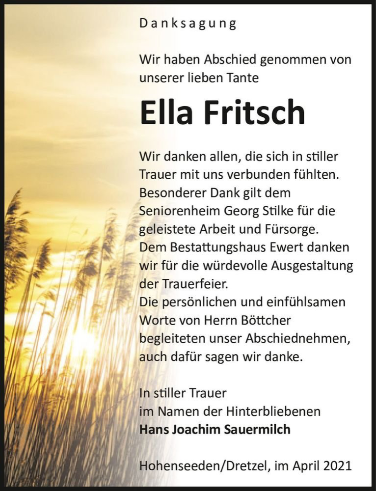  Traueranzeige für Ella Fritsch  vom 24.04.2021 aus Magdeburger Volksstimme