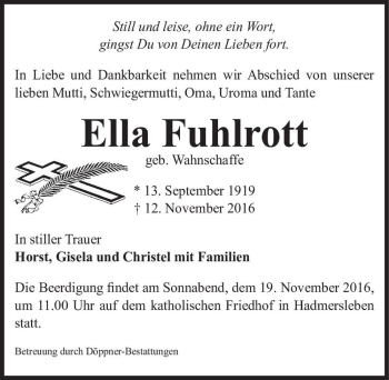 Traueranzeige von Ella Fuhlrott (geb. Wahnschaffe)  von Magdeburger Volksstimme