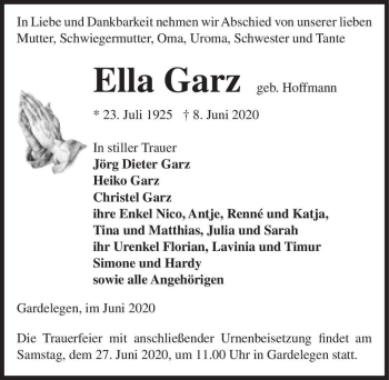Traueranzeige von Ella Garz (geb. Hoffmann)  von Magdeburger Volksstimme