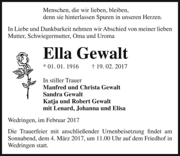 Traueranzeige von Ella Gewalt  von Magdeburger Volksstimme