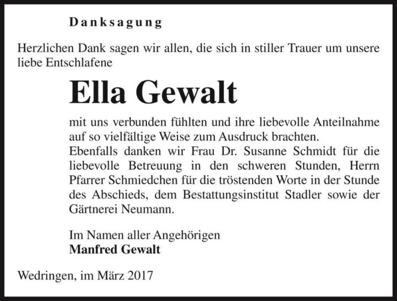  Traueranzeige für Ella Gewalt  vom 11.03.2017 aus Magdeburger Volksstimme