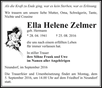 Traueranzeige von Ella Helene Zelmer (geb. Hermann)  von Magdeburger Volksstimme