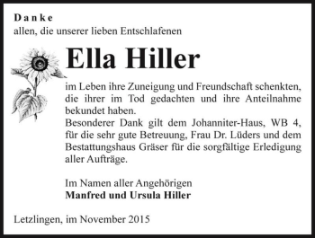 Traueranzeige von Ella Hiller  von Magdeburger Volksstimme