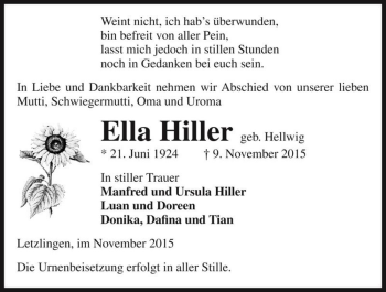 Traueranzeige von Ella Hiller (geb. Hellwig)  von Magdeburger Volksstimme