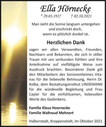 Traueranzeige von Ella Hörnecke  von Magdeburger Volksstimme