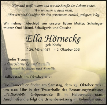 Traueranzeige von Ella Hörnecke (geb. Köchy)  von Magdeburger Volksstimme