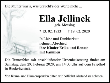 Traueranzeige von Ella Jellinek (geb. Messing)  von Magdeburger Volksstimme