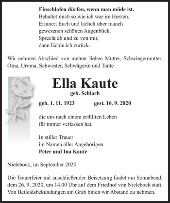 Traueranzeige von Ella Kaute (geb. Schlarb)  von Magdeburger Volksstimme