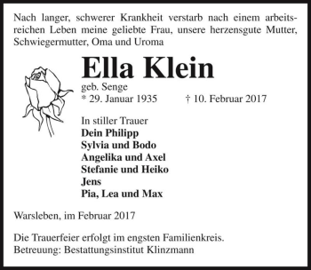Traueranzeige von Ella Klein (geb. Senge)  von Magdeburger Volksstimme