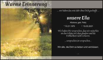 Traueranzeige von Ella Klickow (geb. Fietz)  von Magdeburger Volksstimme