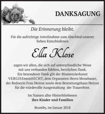 Traueranzeige von Ella Klose  von Magdeburger Volksstimme