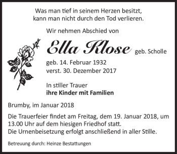 Traueranzeige von Ella Klose (geb. Scholle)  von Magdeburger Volksstimme