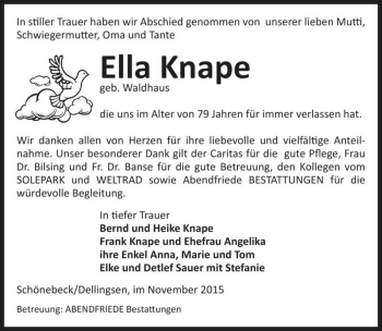 Traueranzeige von Ella Knape (geb. Waldhaus)  von Magdeburger Volksstimme